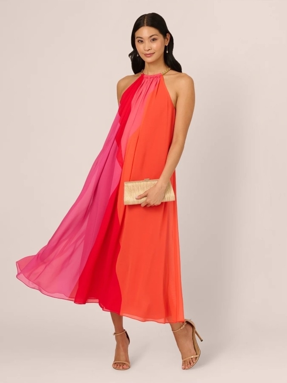ADRIANNA PAPELL Color Block Chiffon Trapeze Dress With Chain Halter Neckline 10